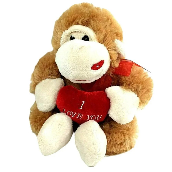 I Love You Heart Stuffed Plush Monkey Toy Red Lips Tan Brown 8" Valentine - Picture 1 of 5